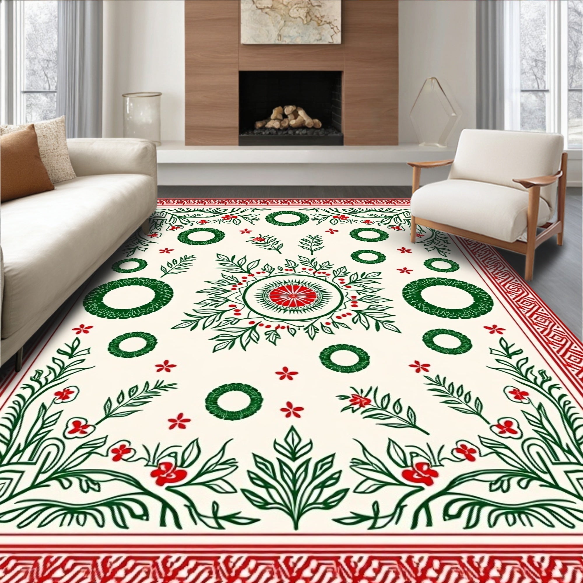 Vintage Red Green Floral Wreath Medallion Rug