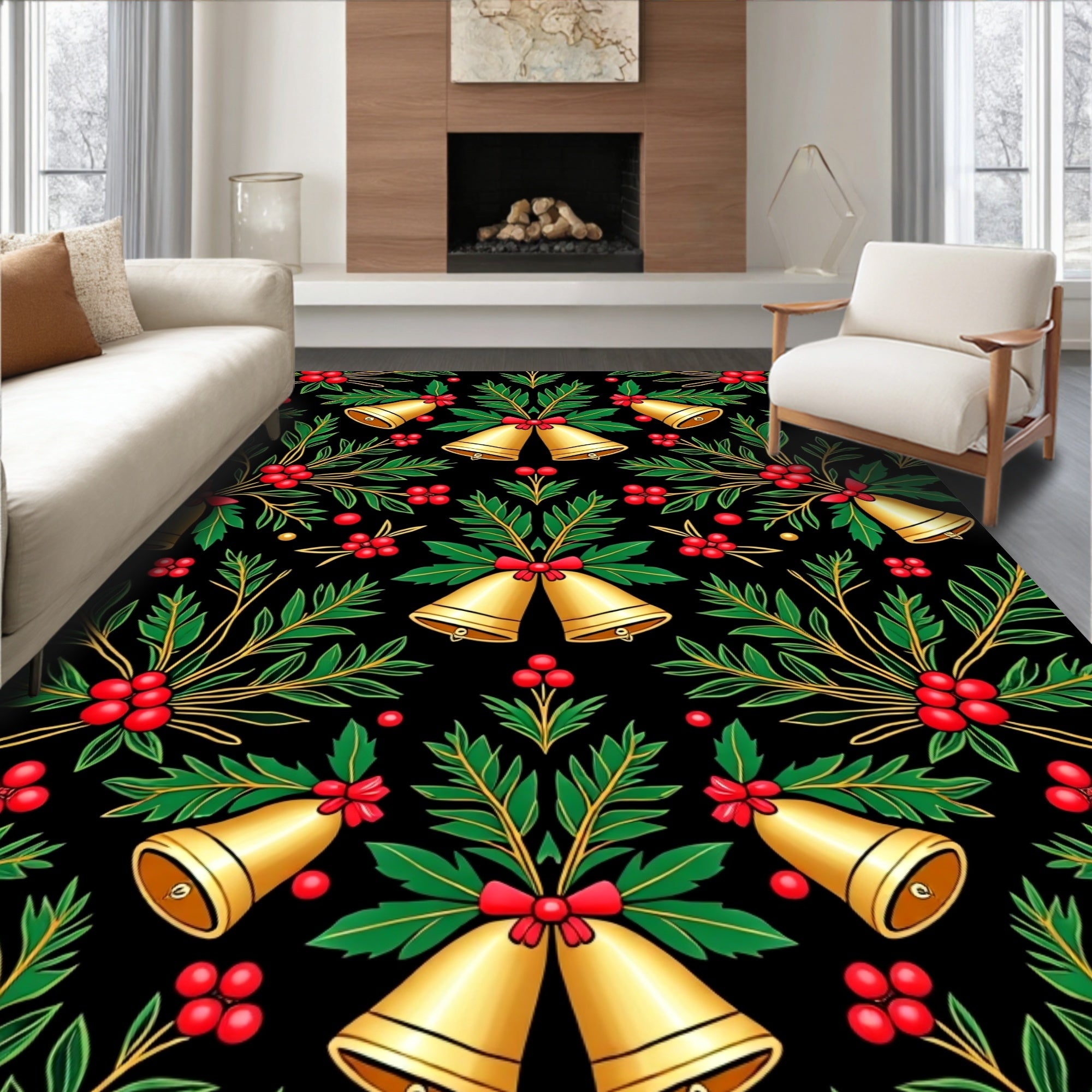 Golden Bells Red Holly Swirl Rug