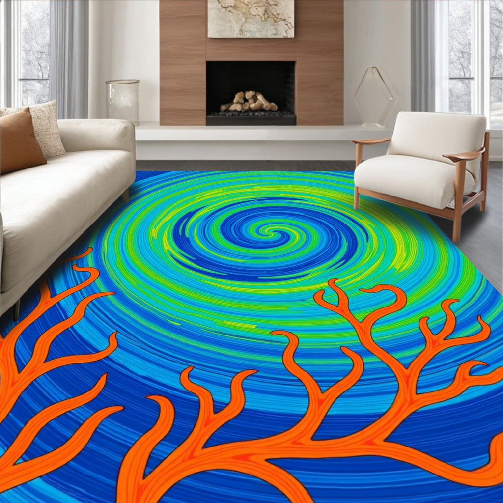Bright Orange Coral Swirl Blue Rug