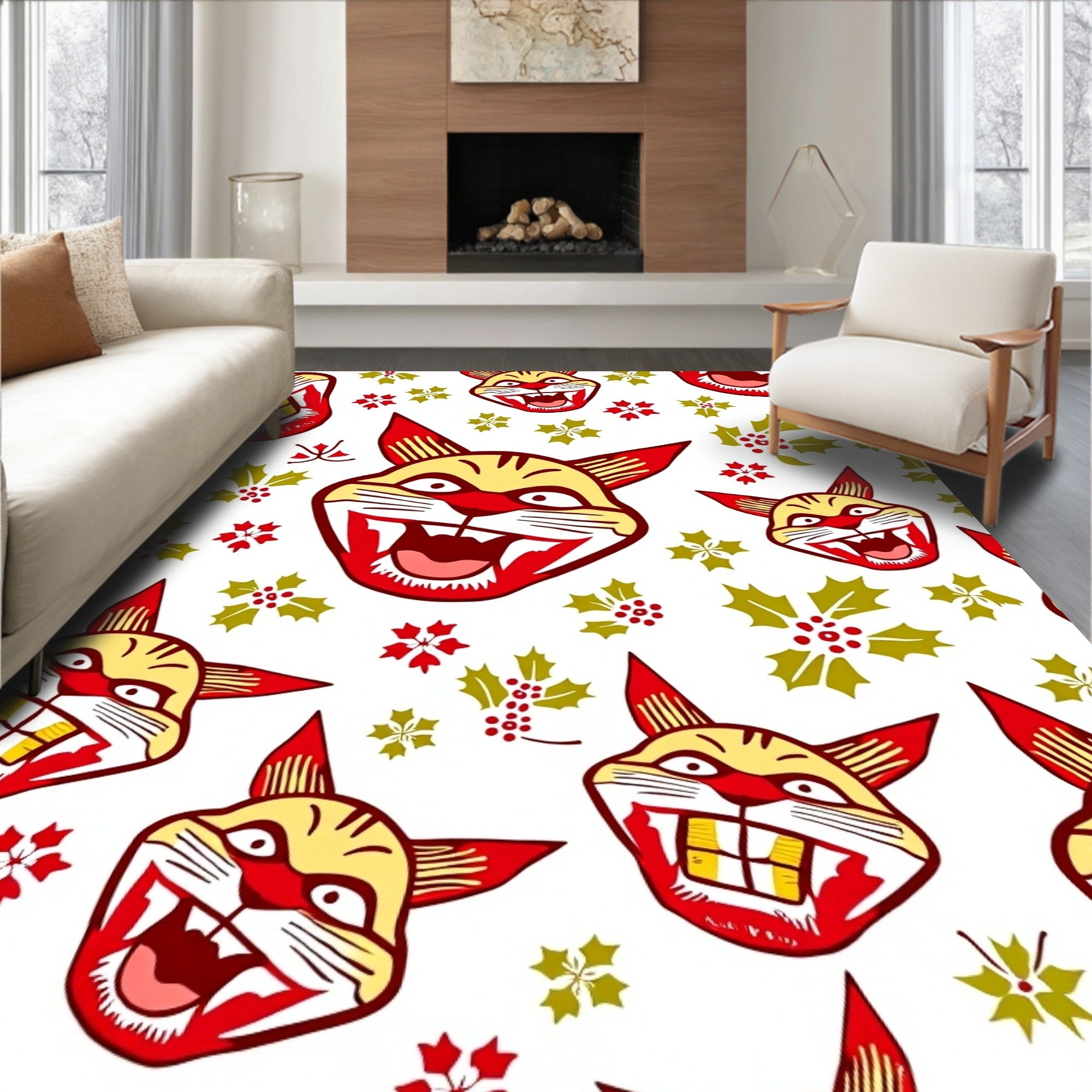 Fierce Tiger Faces Red Holly Accents Rug