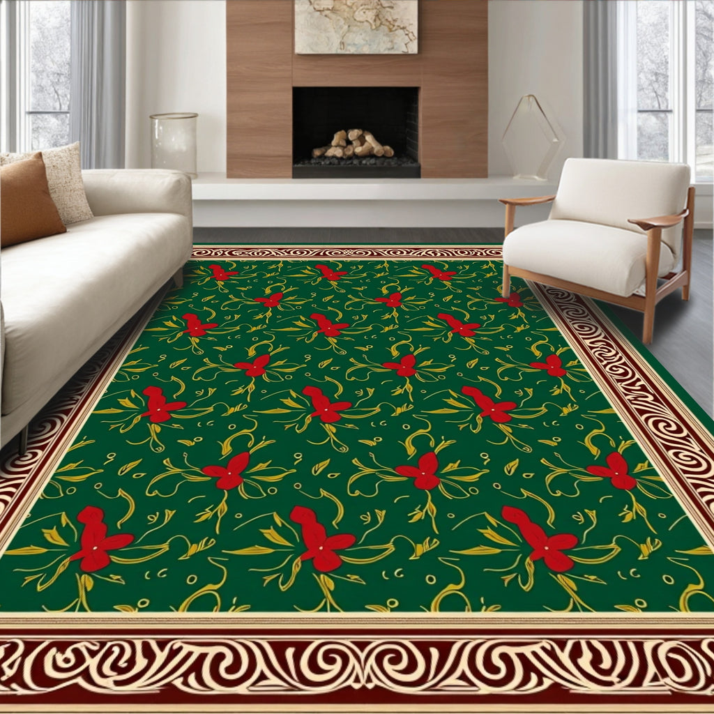 Rich Emerald Red Floral Scroll Border Rug