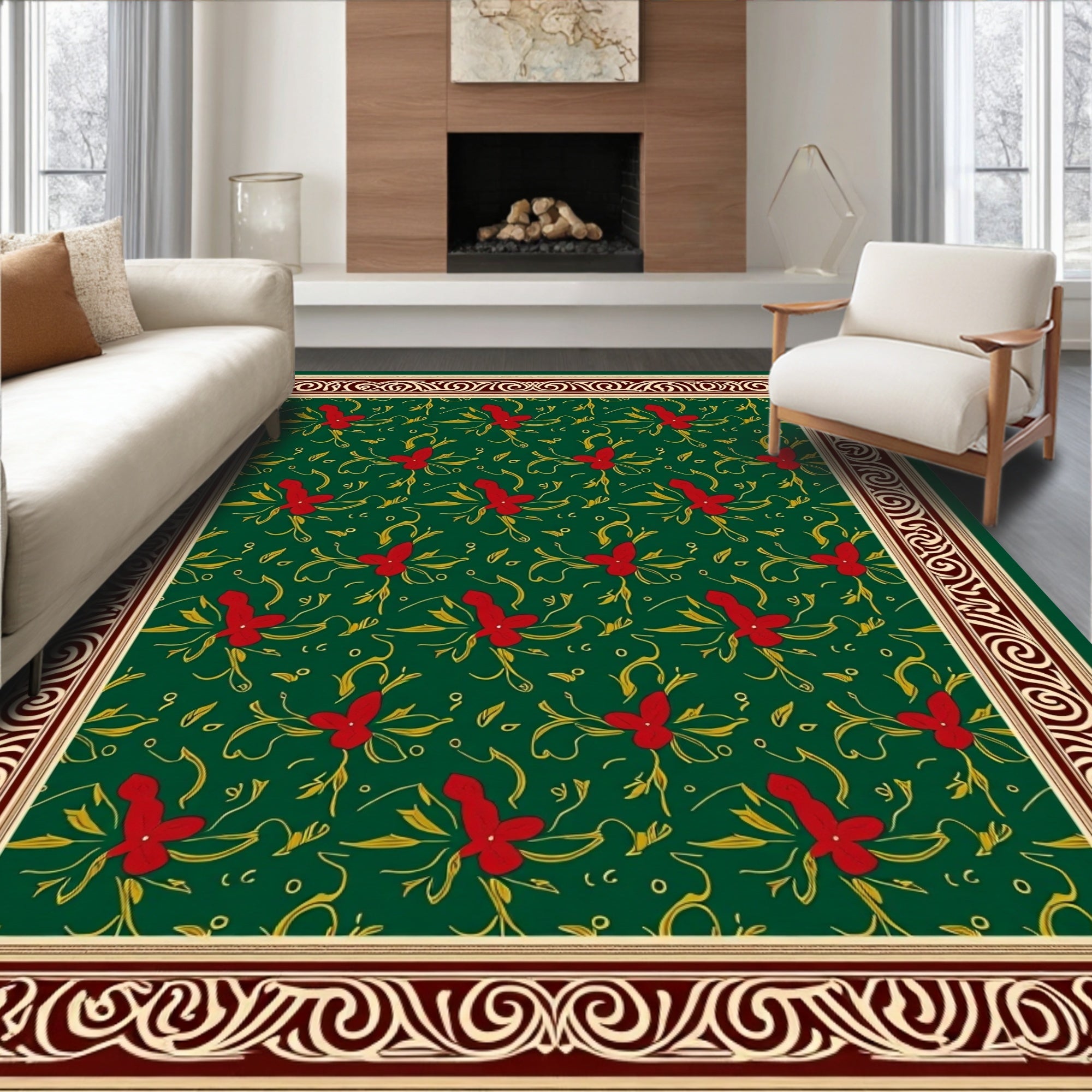 Rich Emerald Red Floral Scroll Border Rug