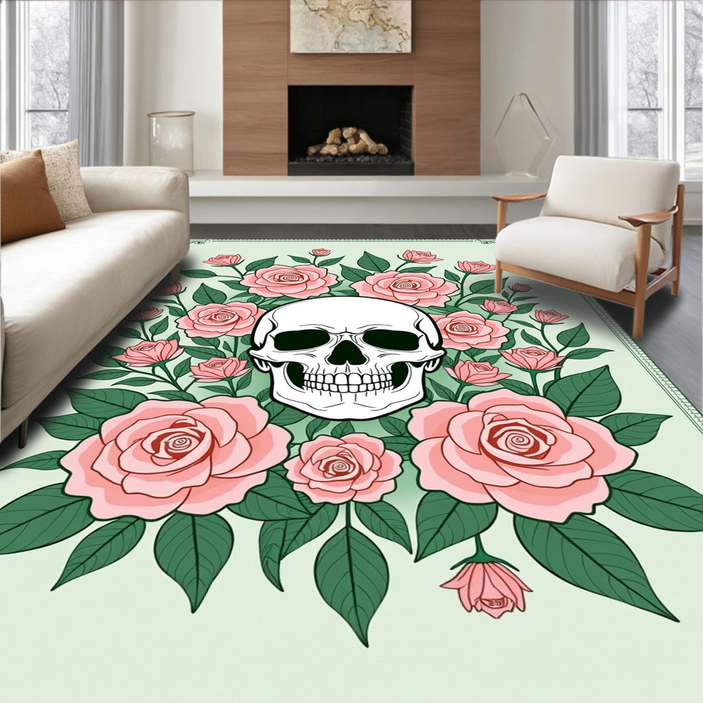 Elegant Pink Roses Skull Garden Rug