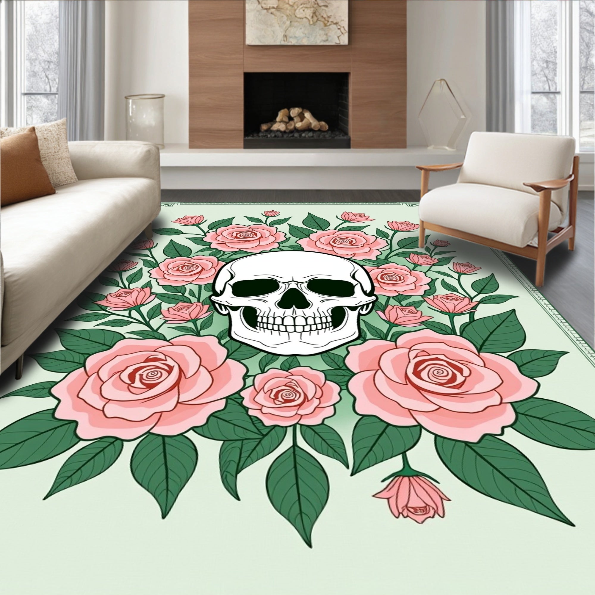 Elegant Pink Roses Skull Garden Rug