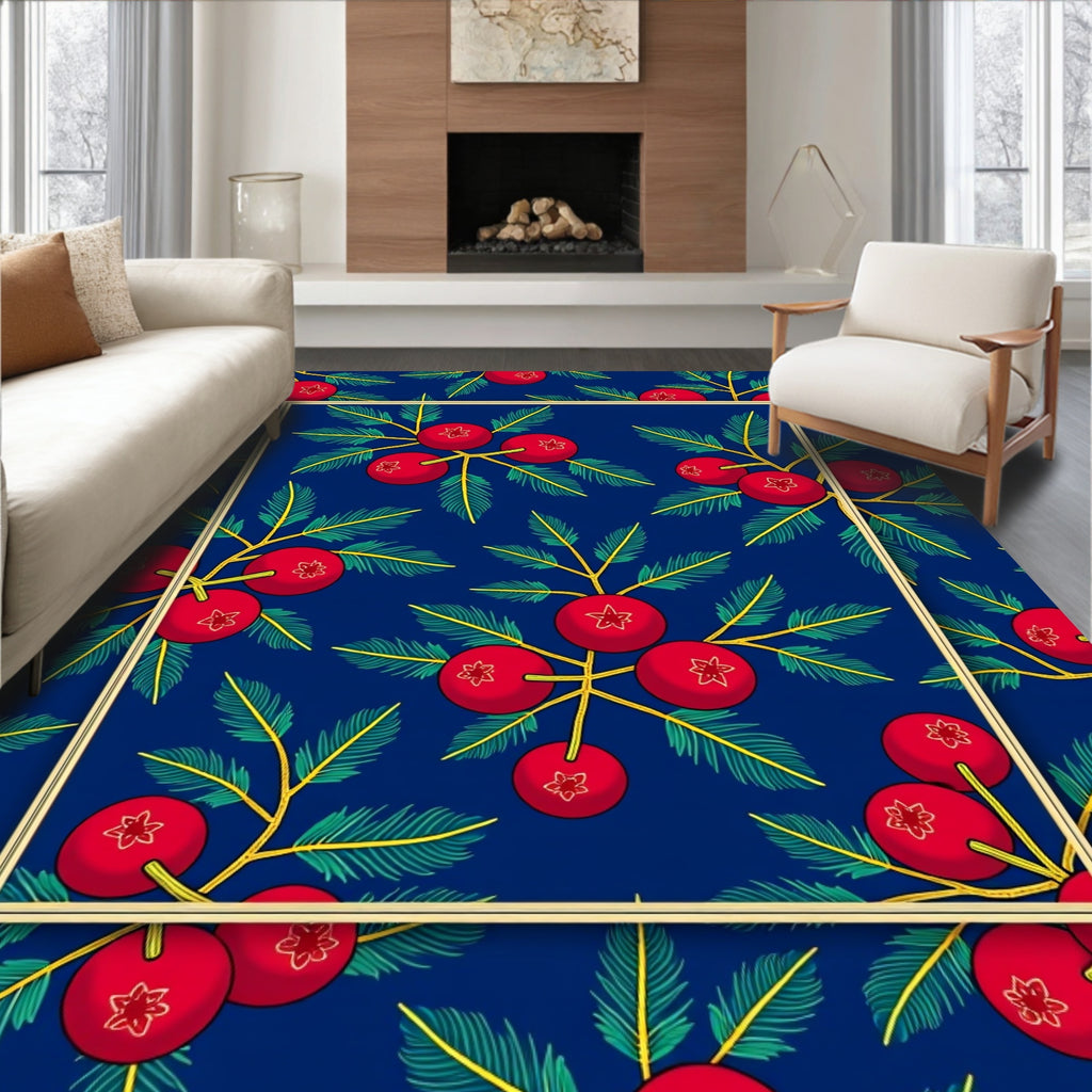 Red Berry Branches Blue Background Rug