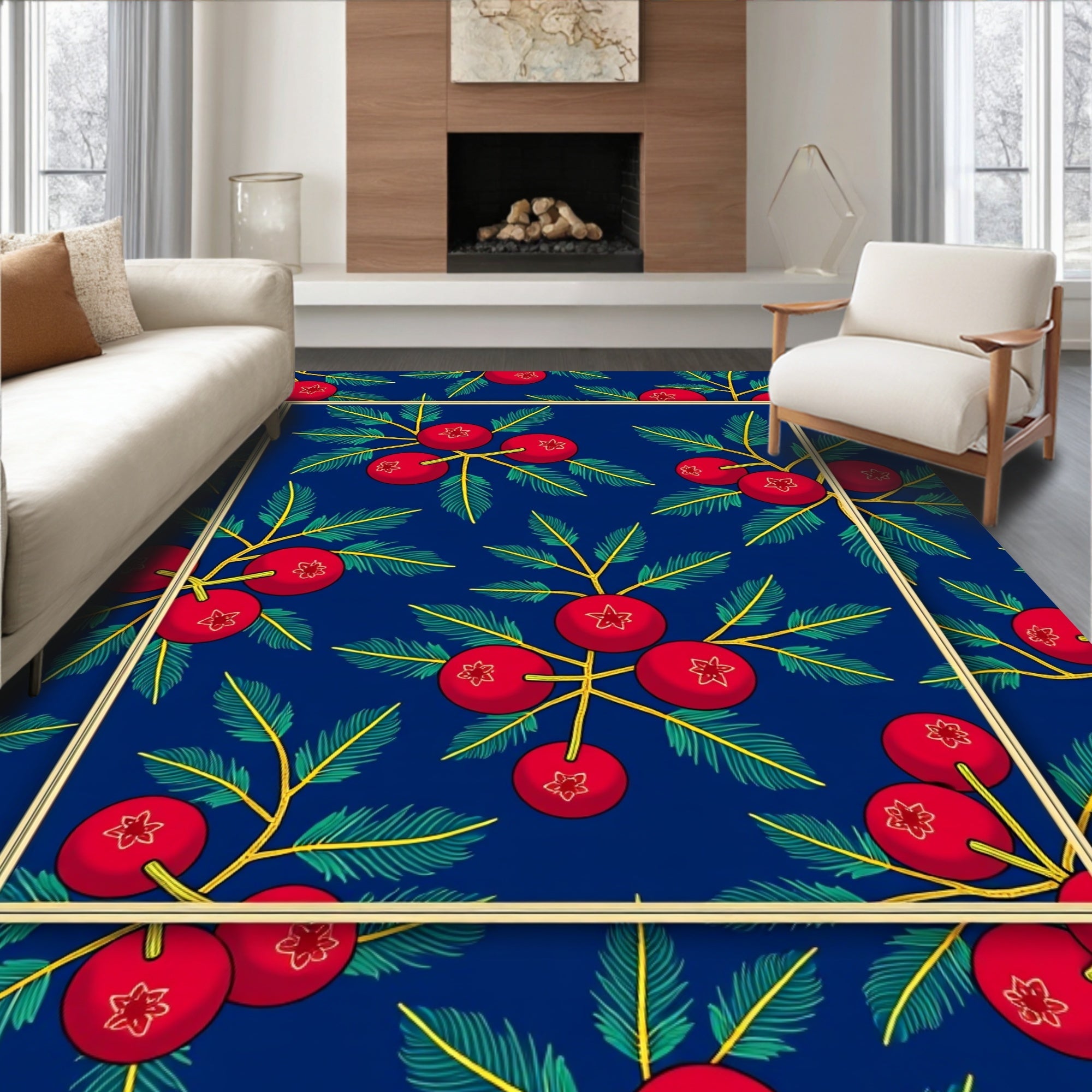 Red Berry Branches Blue Background Rug