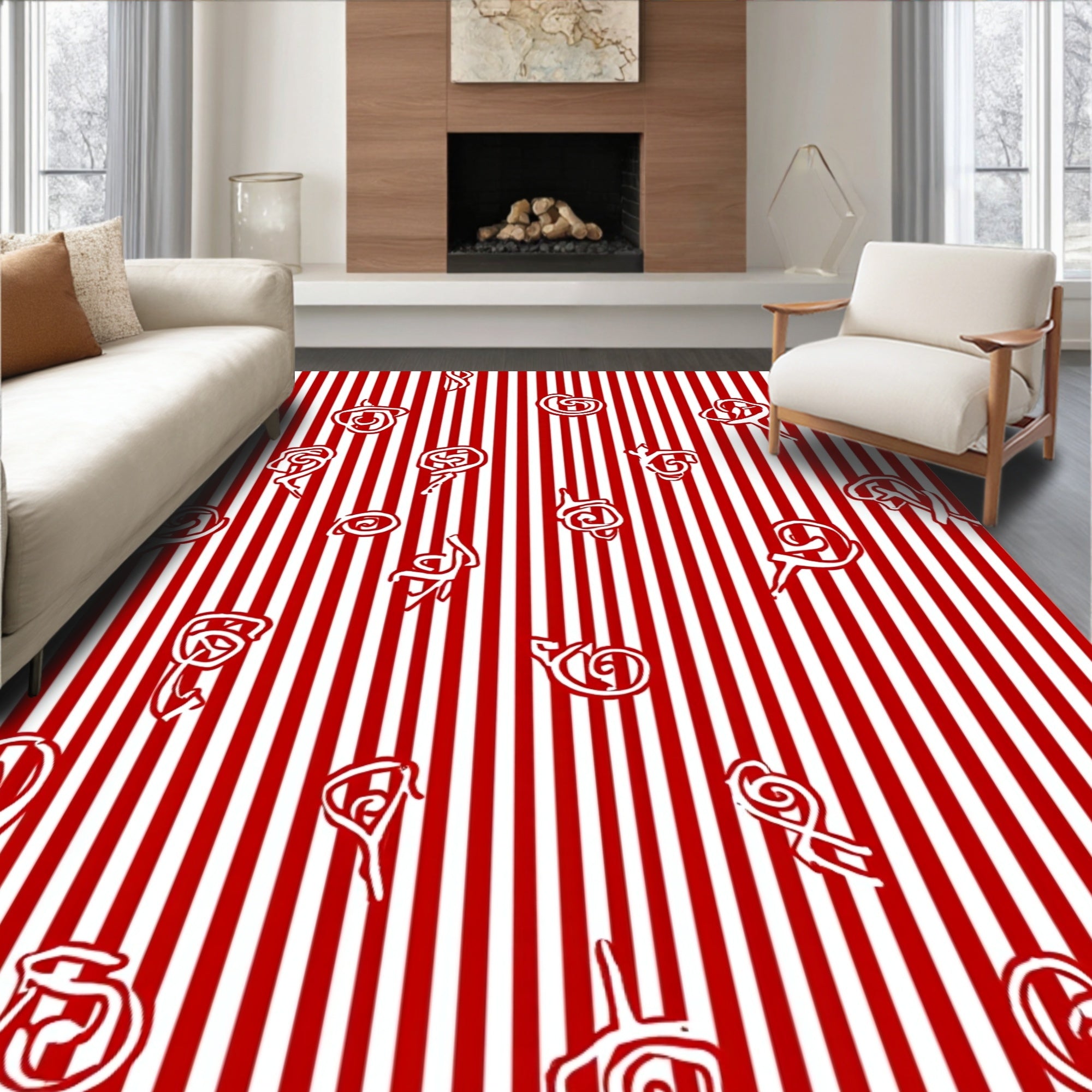 Red White Striped Organic Swirl Rug