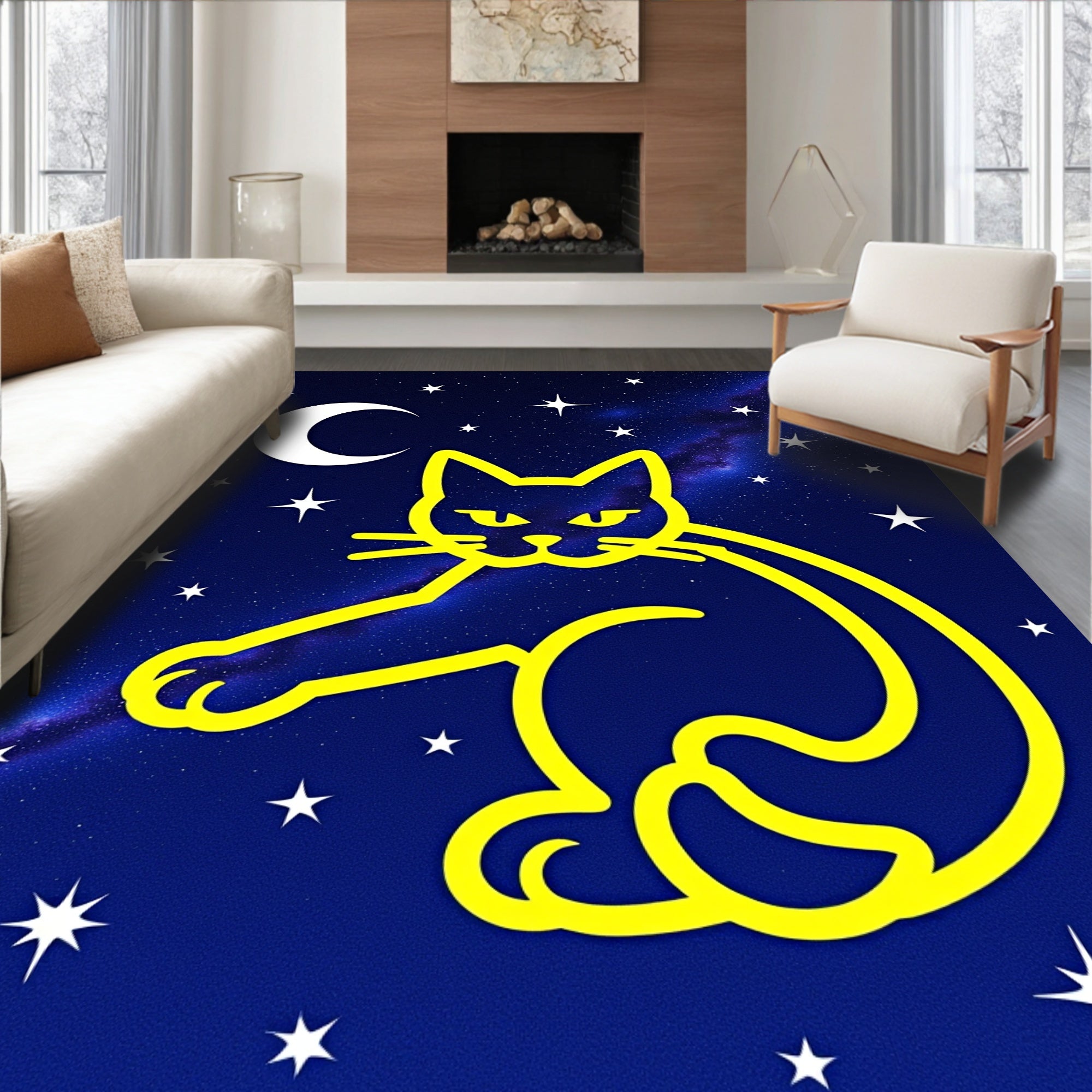 Yellow Cat Night Sky Rug