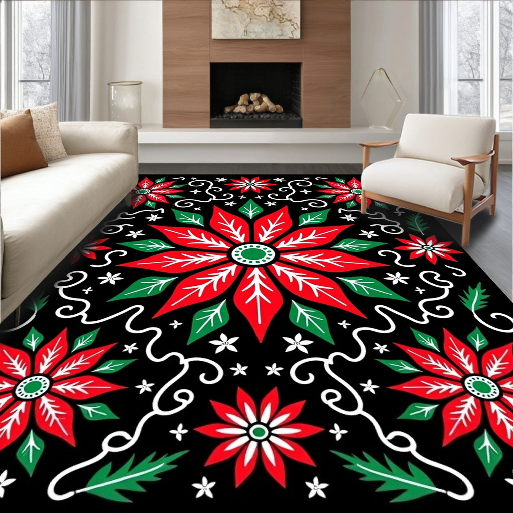 Red Poinsettia White Swirl Floral Rug