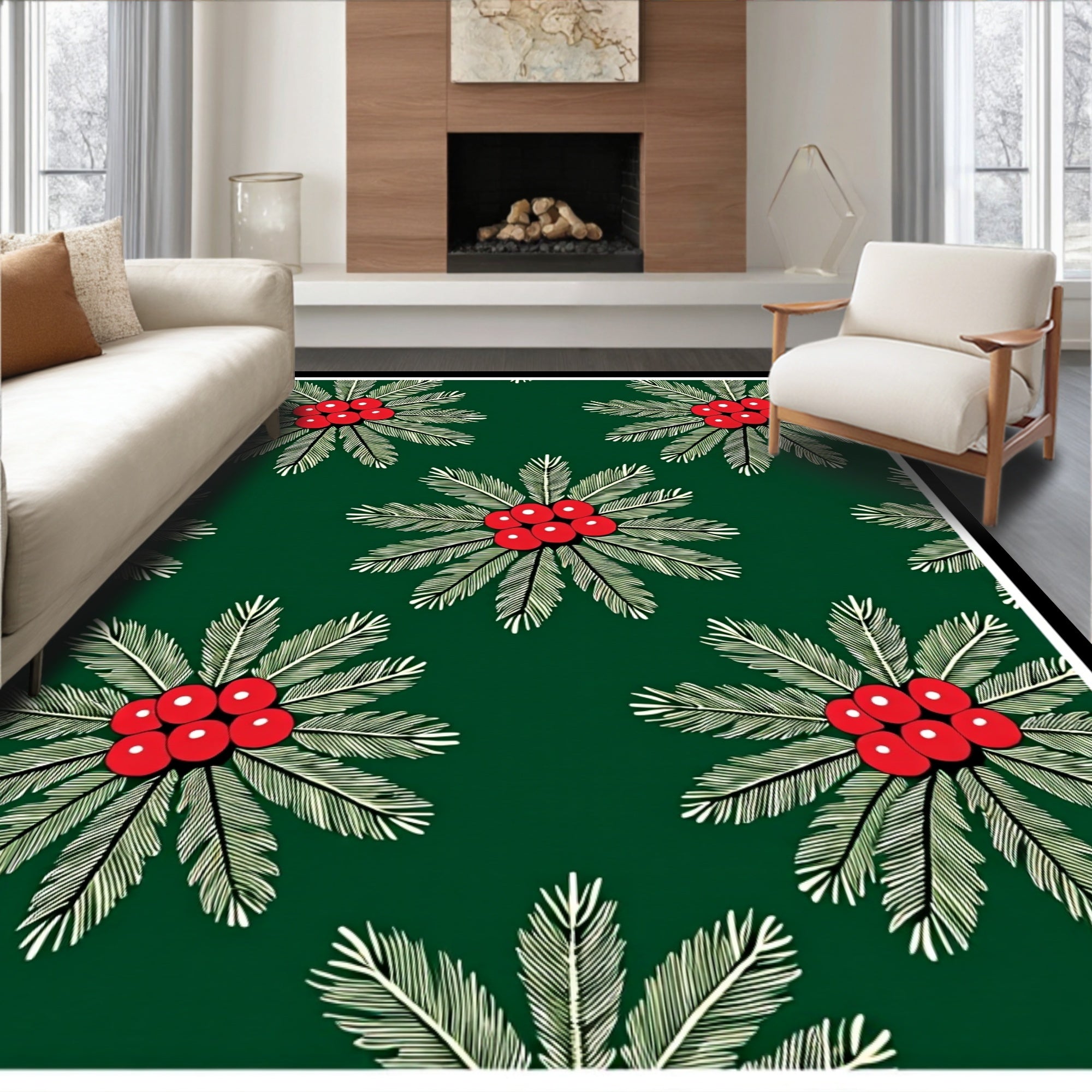 Verdant Green Holly Berry Bloom Rug