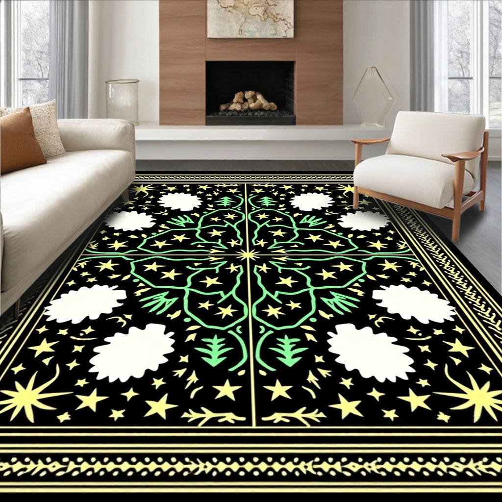 Cosmic Black Yellow Green Starry Trees Rug