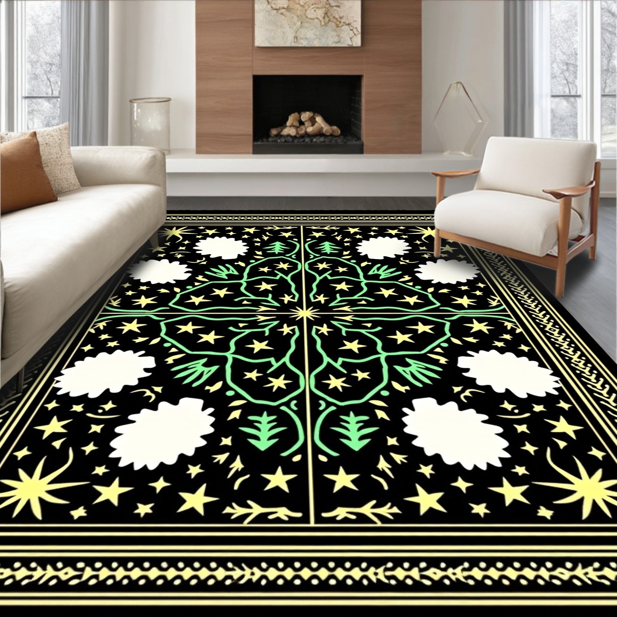 Cosmic Black Yellow Green Starry Trees Rug
