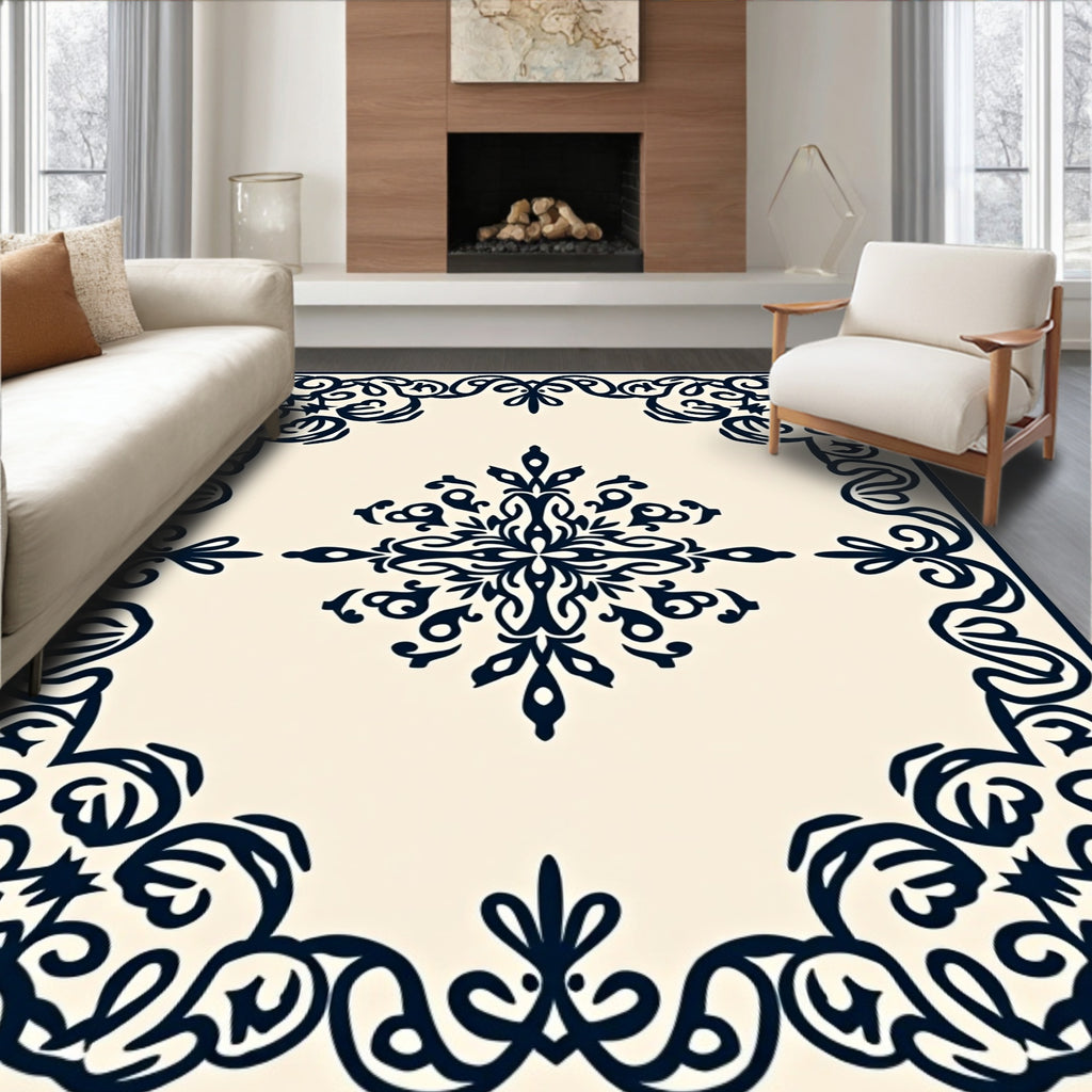 Ornate Navy Scrollwork Center Medallion Rug