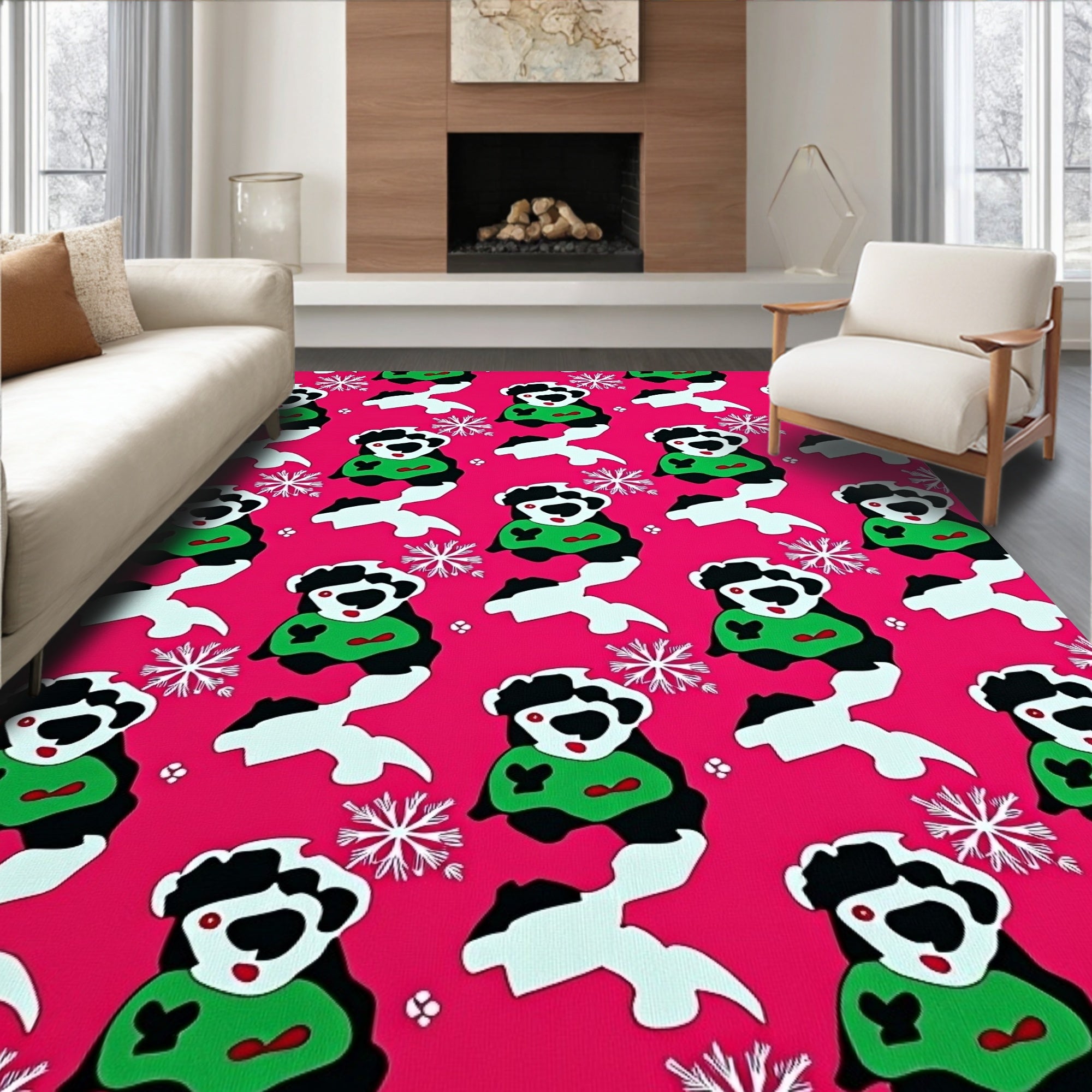 Whimsical Panda Snowflakes Pink Rug