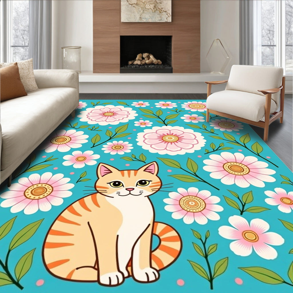 Whimsical Cat Floral Garden Turquoise Rug