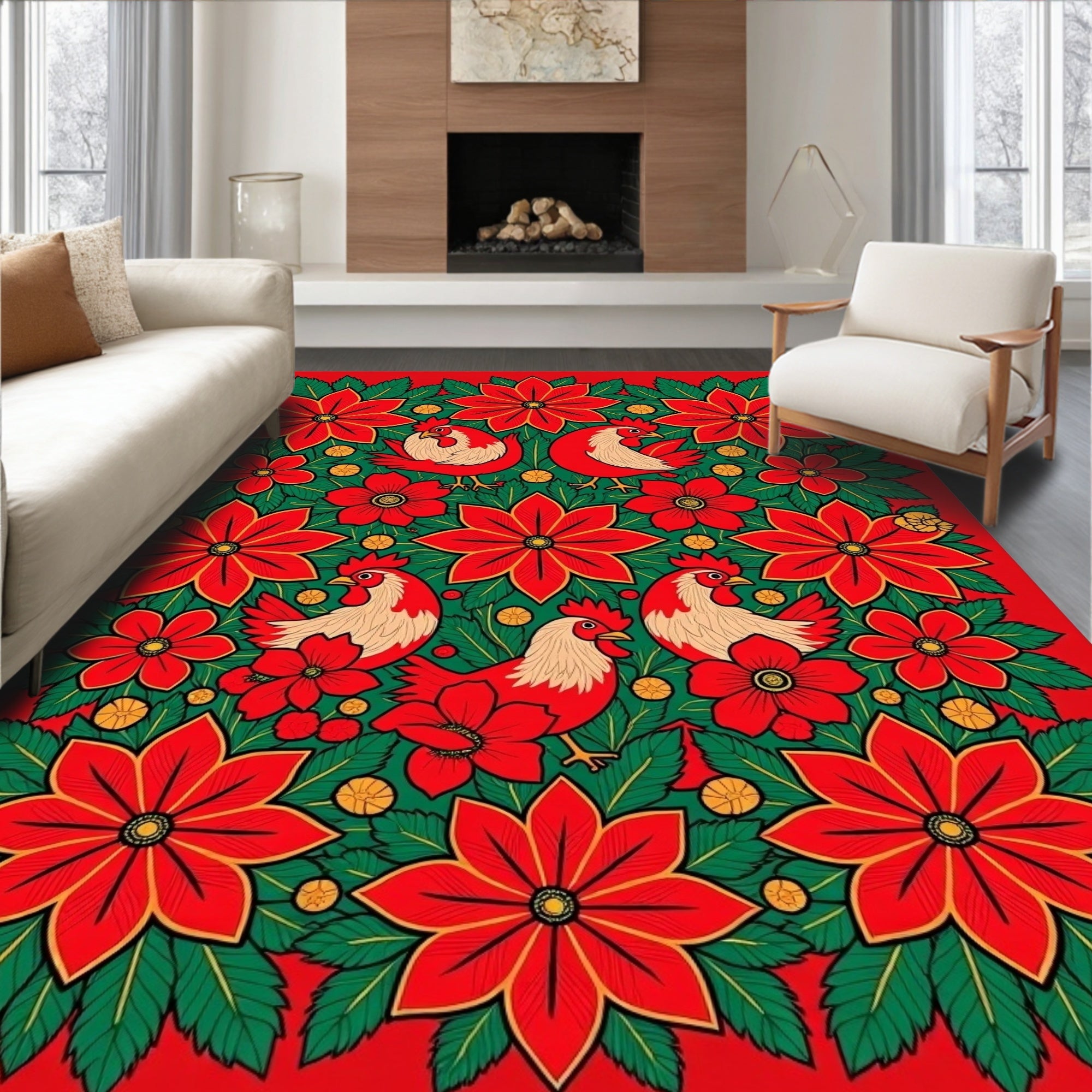 Vintage Red Floral Rooster Arrangement Rug