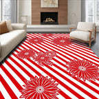 Red White Diagonal Stripes Floral Rug