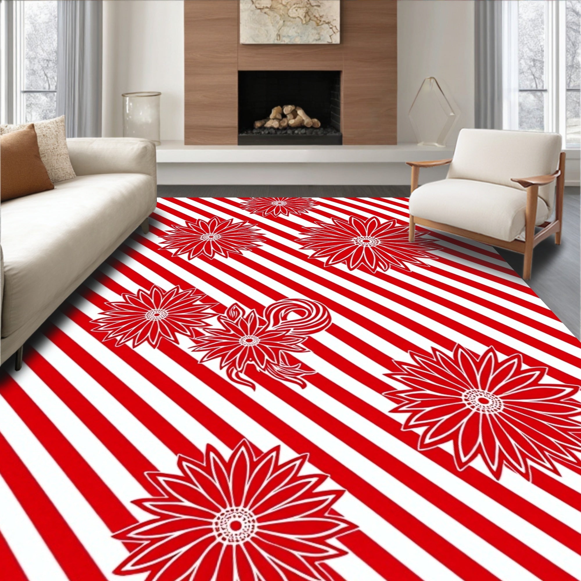 Red White Diagonal Stripes Floral Rug