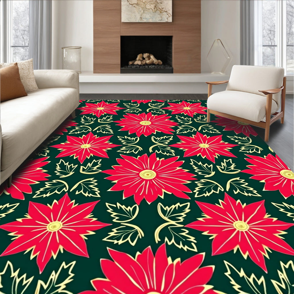 Crimson Flower Swirl Green Background Rug