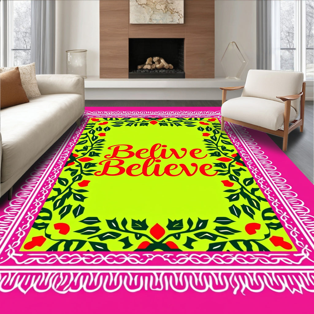 Vibrant Pink Floral Border Believe Rug