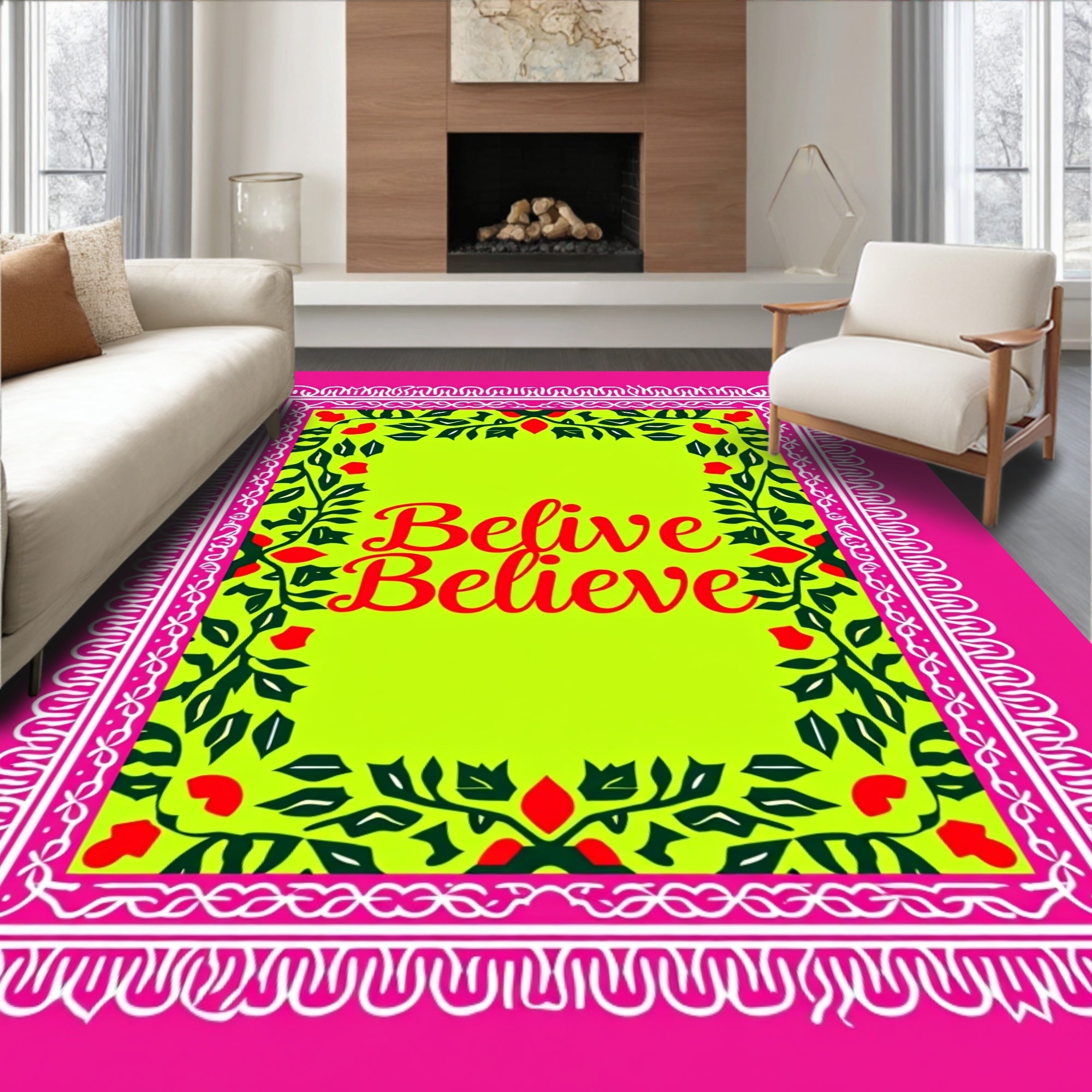 Vibrant Pink Floral Border Believe Rug