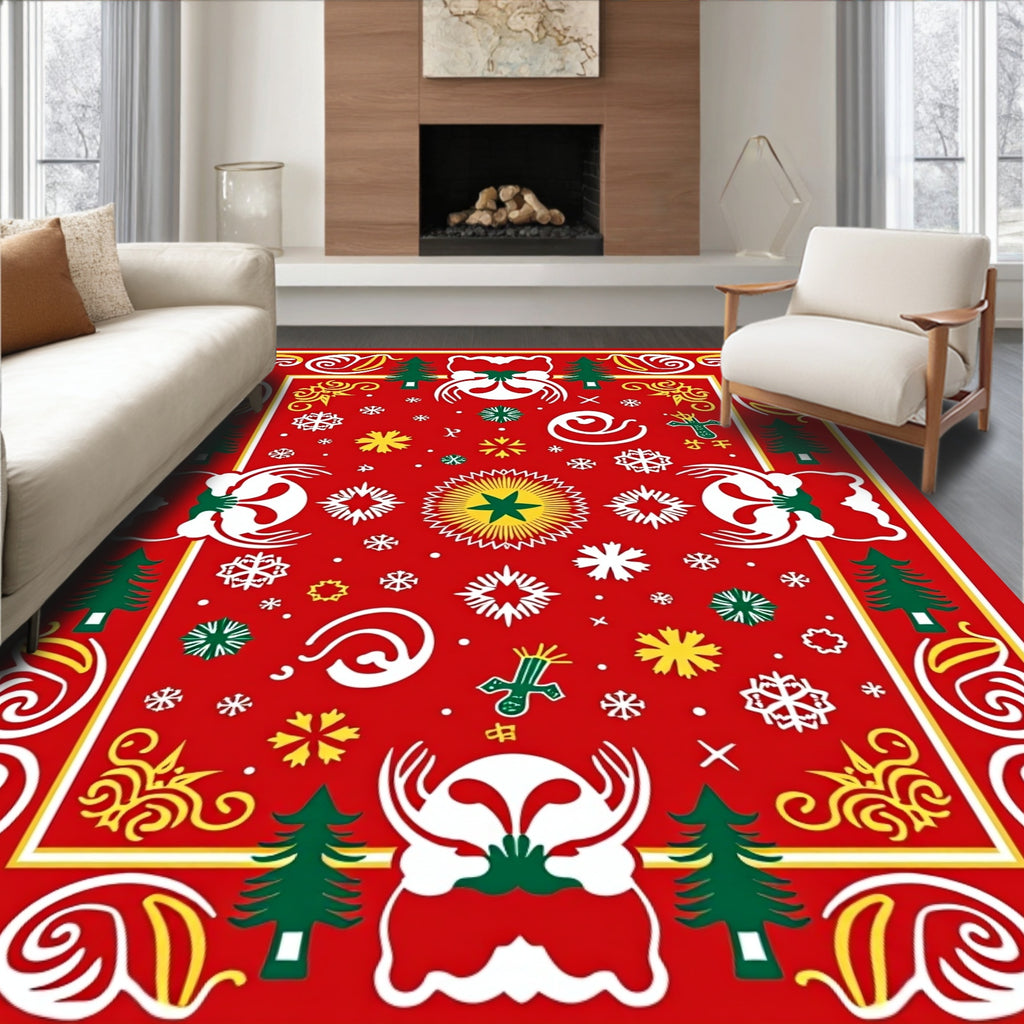 Festive Red Christmas Tree Snowflake Rug
