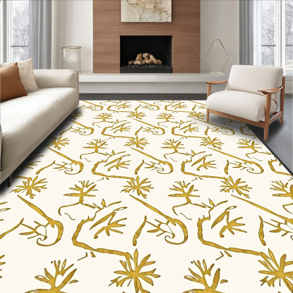 Golden Botanical Branches Swirl Rug
