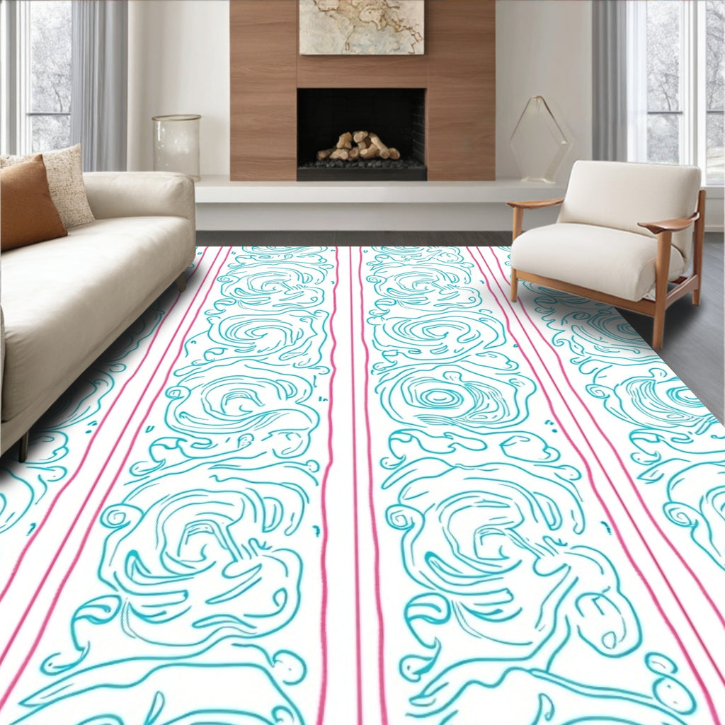 Aqua Pink Curlicue Vertical Stripe Rug