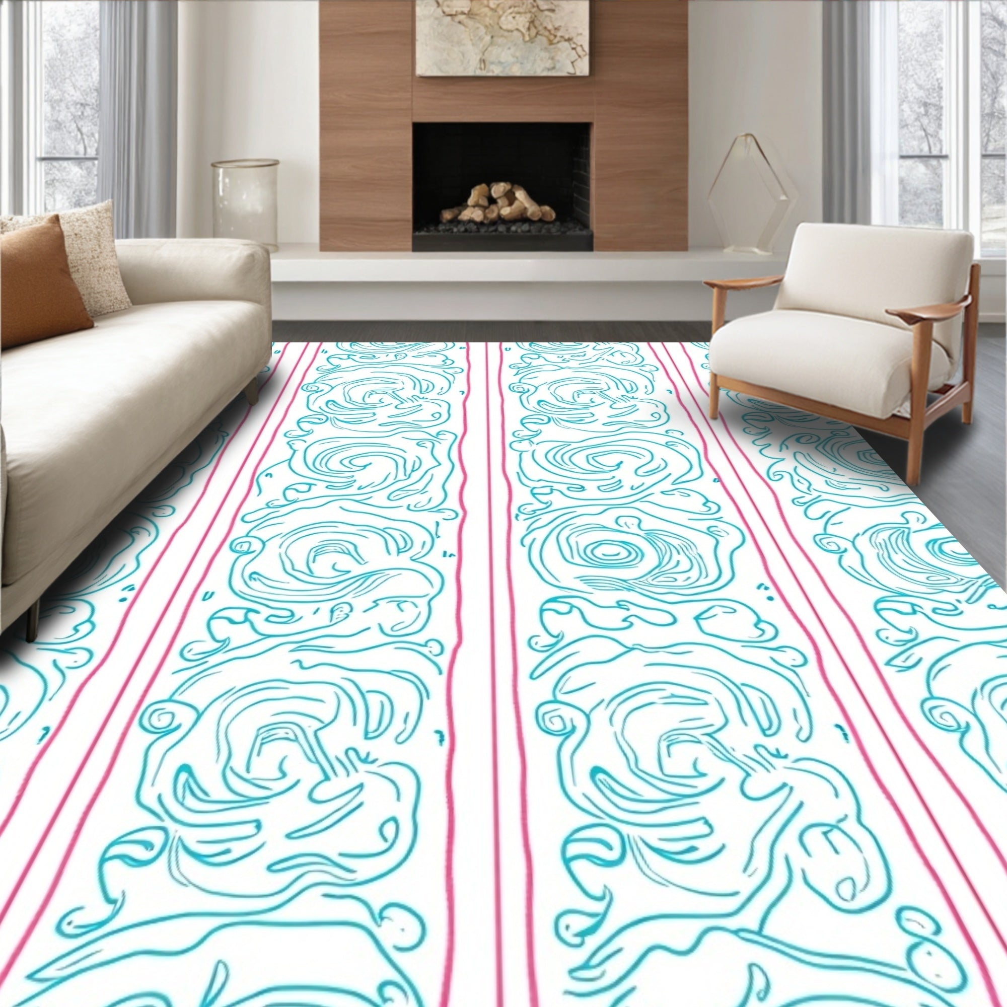 Aqua Pink Curlicue Vertical Stripe Rug