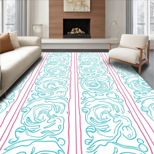 Aqua Pink Curlicue Vertical Stripe Rug