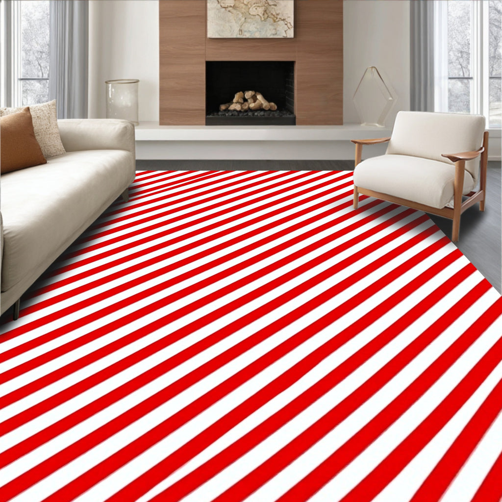 Bold Red White Diagonal Stripes Rug