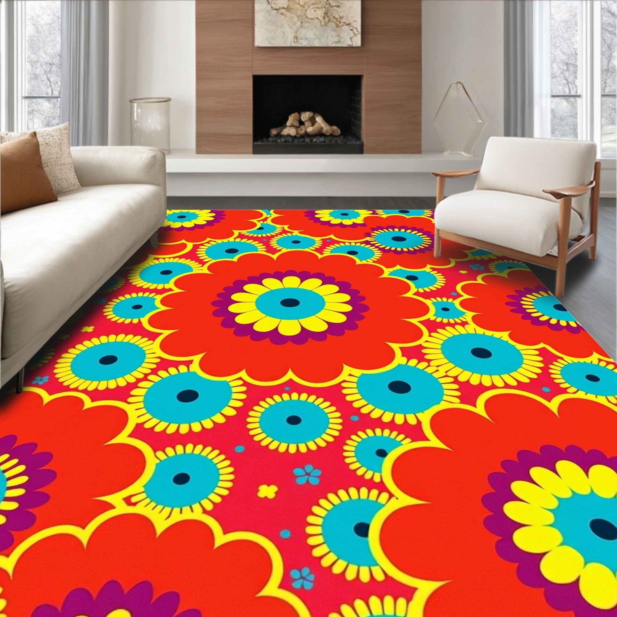 Retro Red Blue Yellow Floral Burst Rug