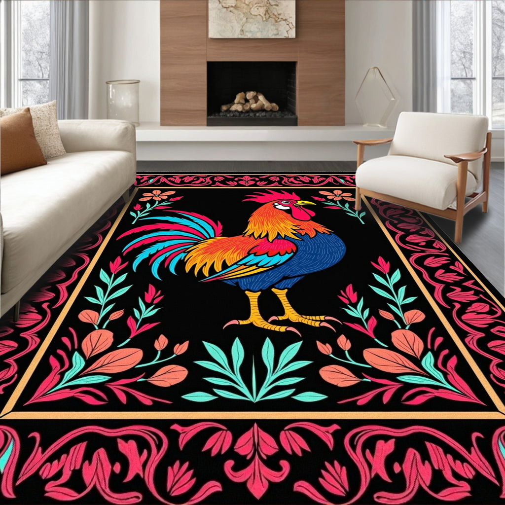 Vibrant Rooster Floral Scroll Border Rug