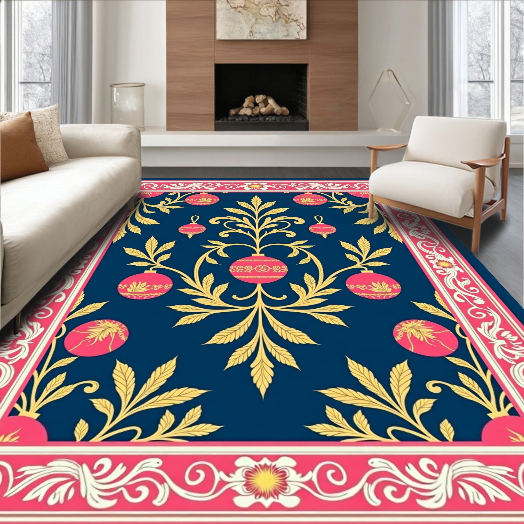 Crimson Pink Gold Ornate Garland Rug