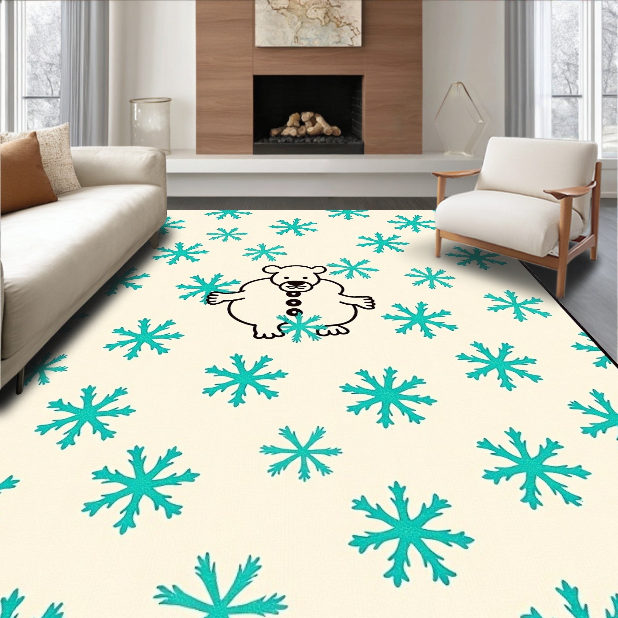 Whimsical Bear and Snowflakes Cream Rug
