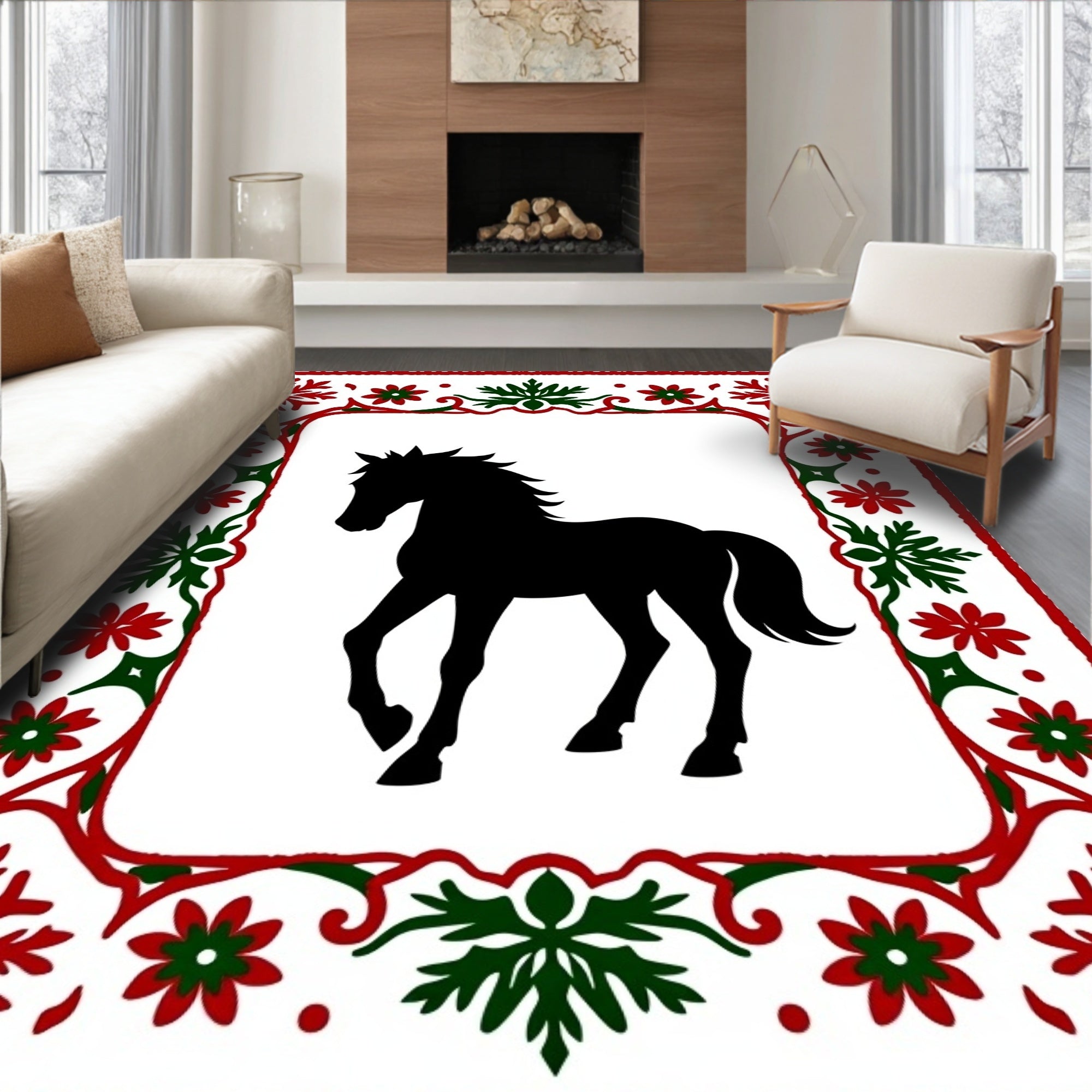 Bold Black Horse Red Green Border Rug