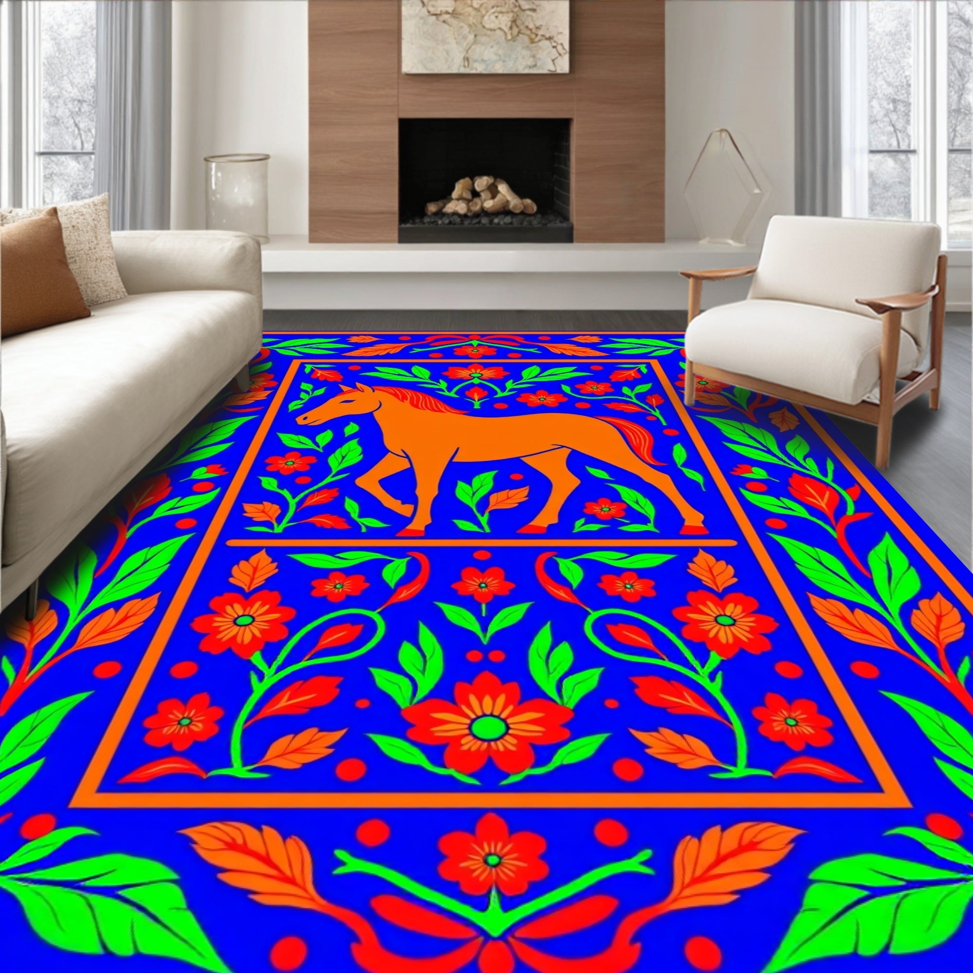 Vibrant Orange Horse Floral Border Rug