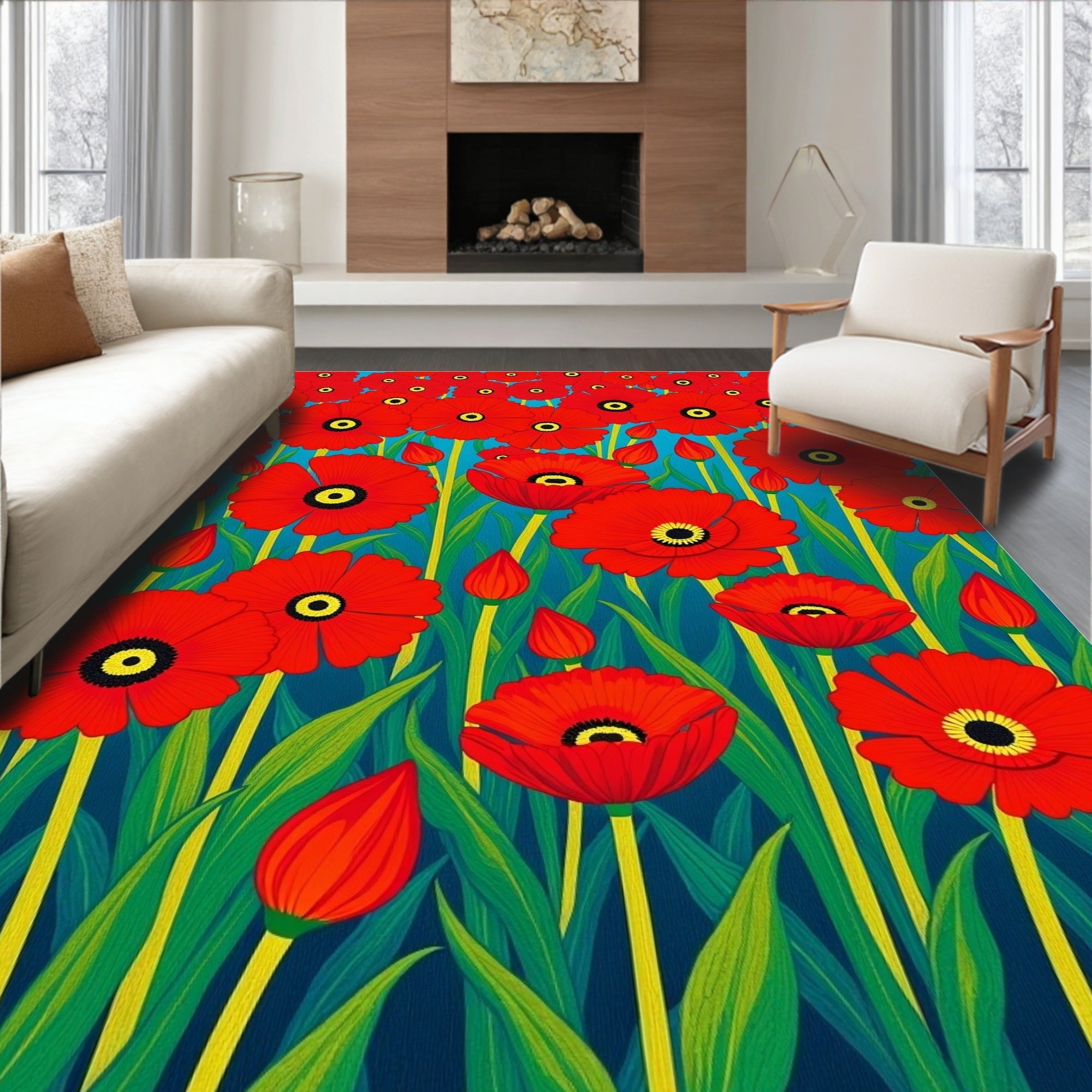 Bold Red Poppy Field Blooms Rug