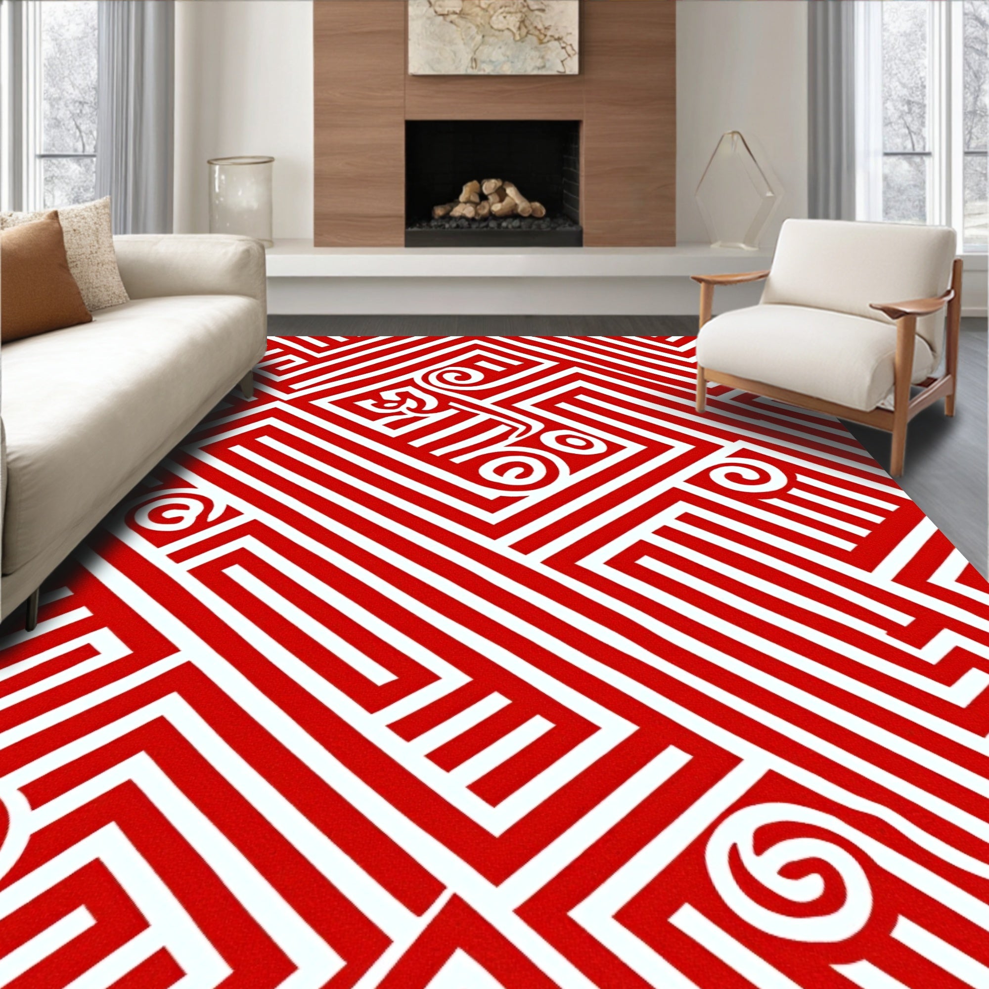 Bold Red Labyrinth Swirls Rug