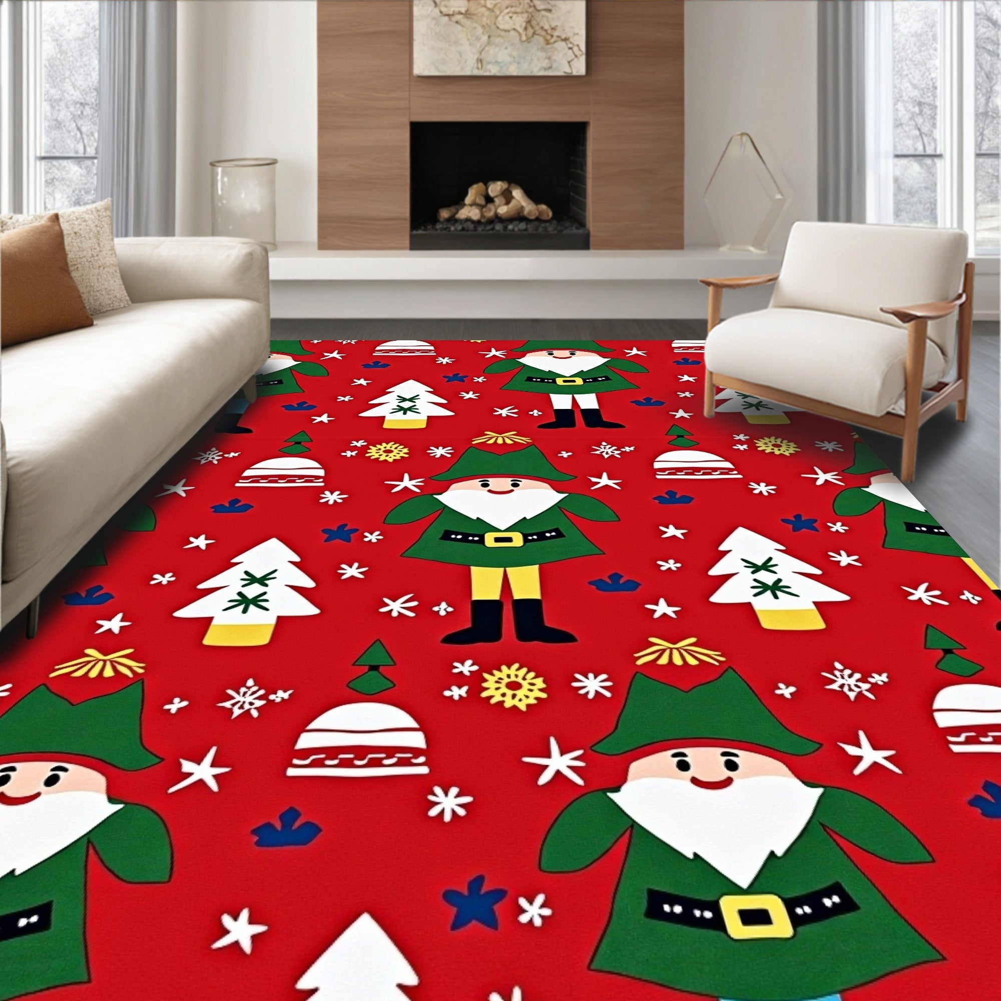 Red Elf Christmas Tree Snowflakes Rug
