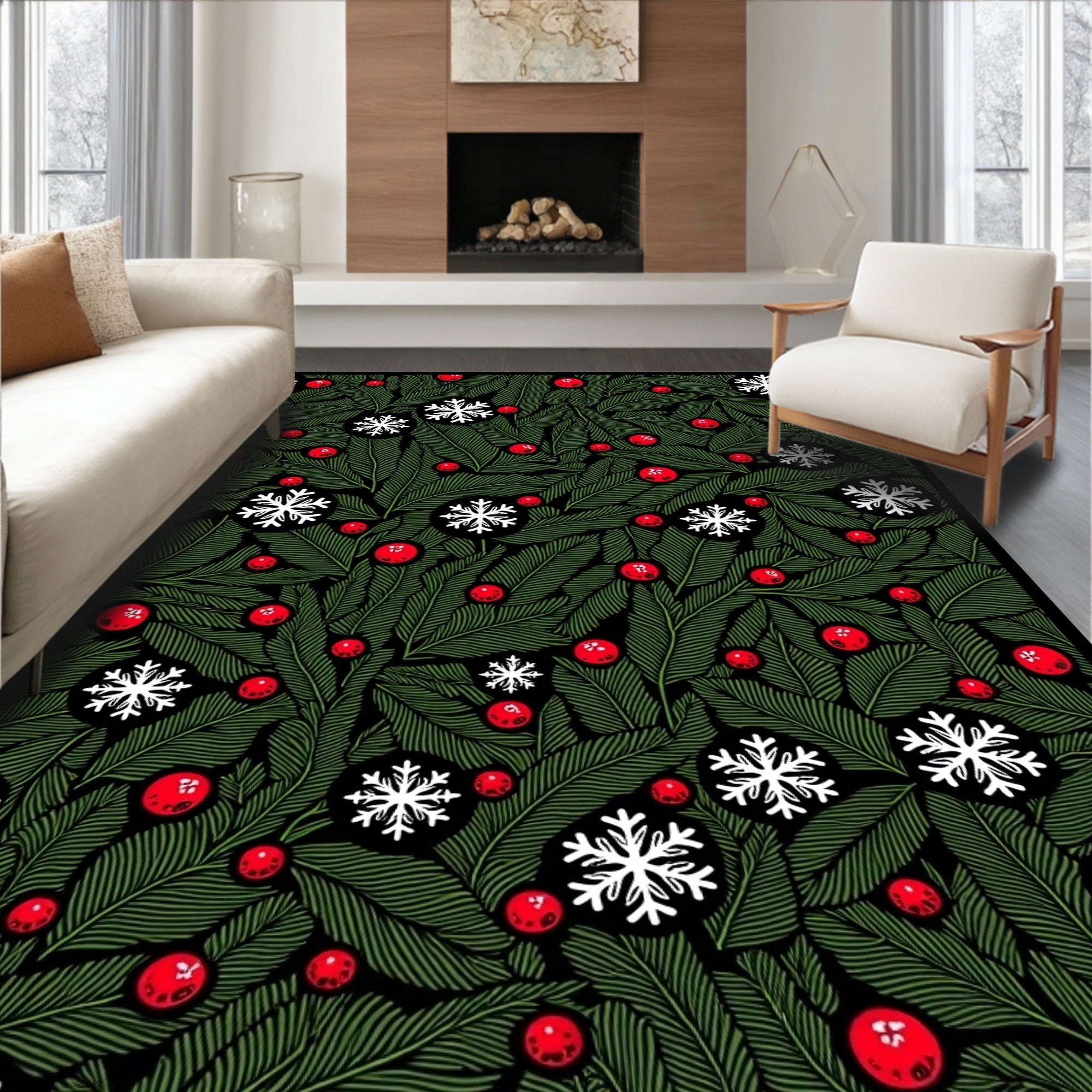 Festive Green Holly Snowflake Berry Rug
