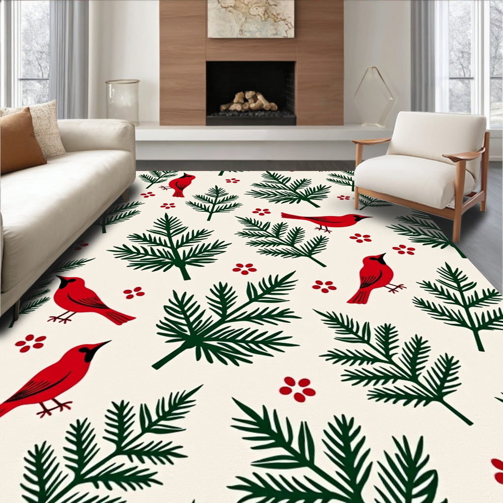 Red Cardinal Evergreen Sprig Medley Rug