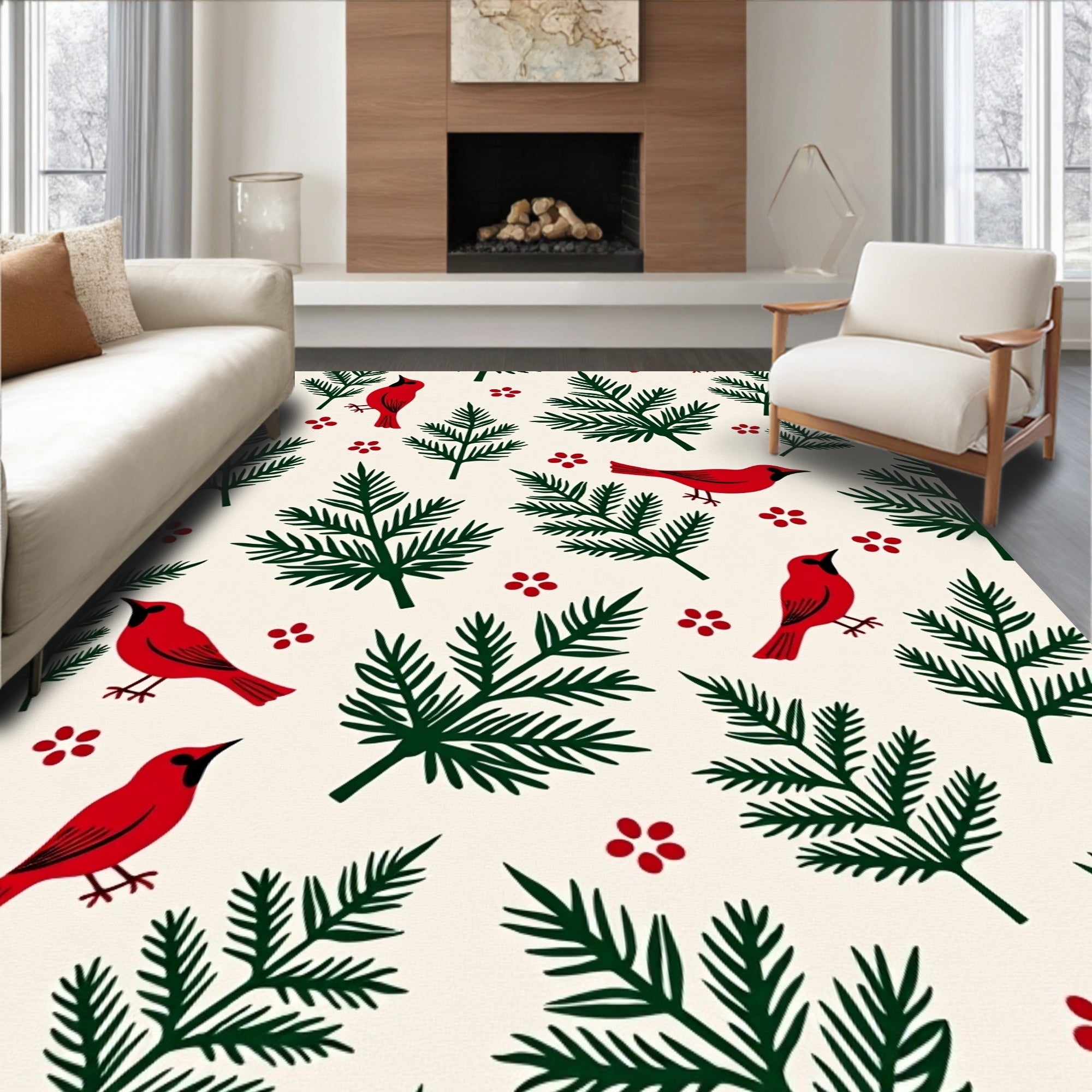 Red Cardinal Evergreen Sprig Medley Rug