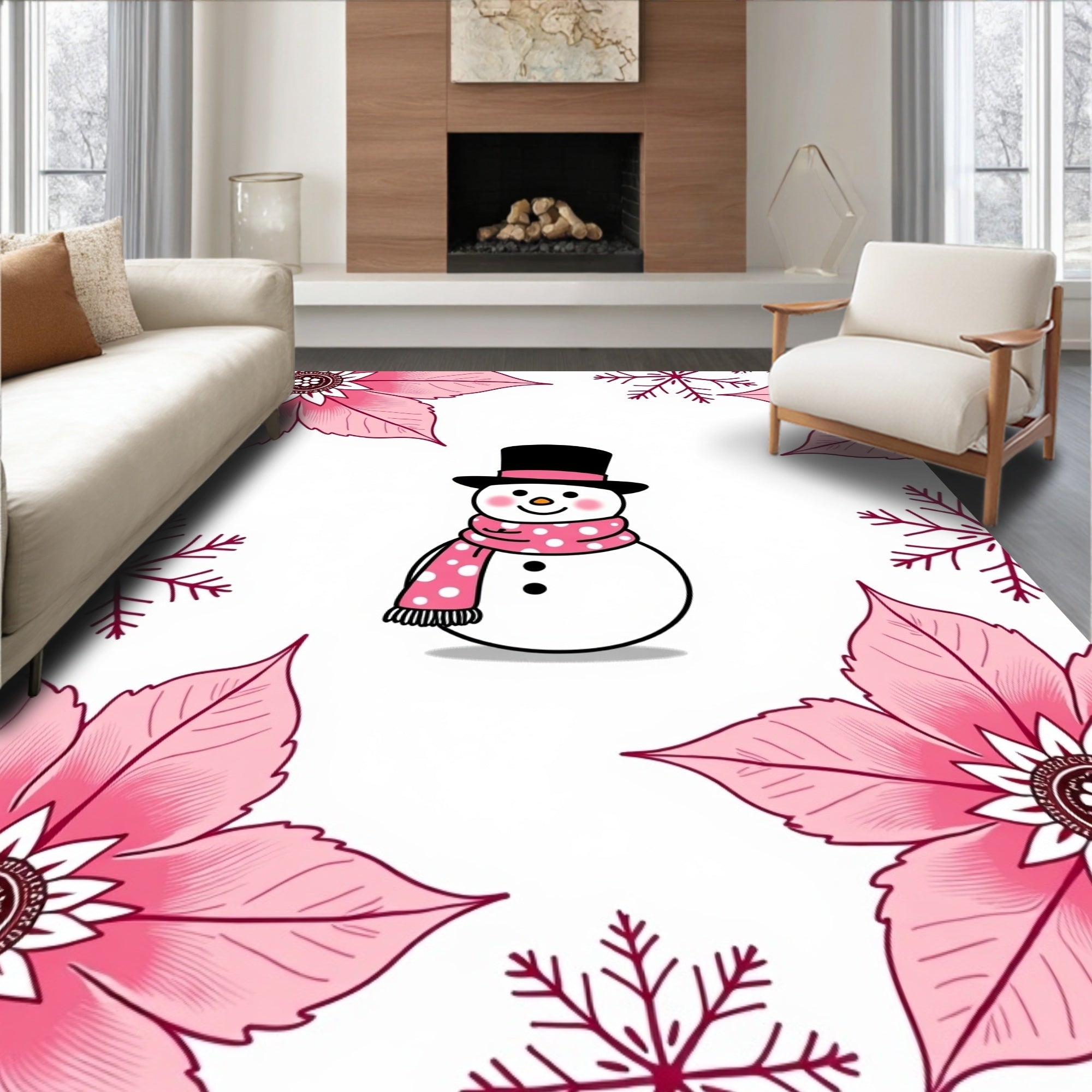 Pink Snowman Snowflake Poinsettia Border Rug