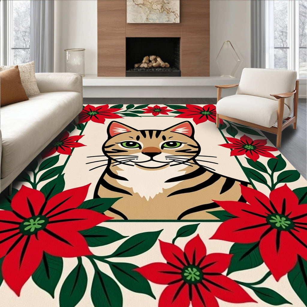 Cheeky Tabby Cat Poinsettia Frame Rug
