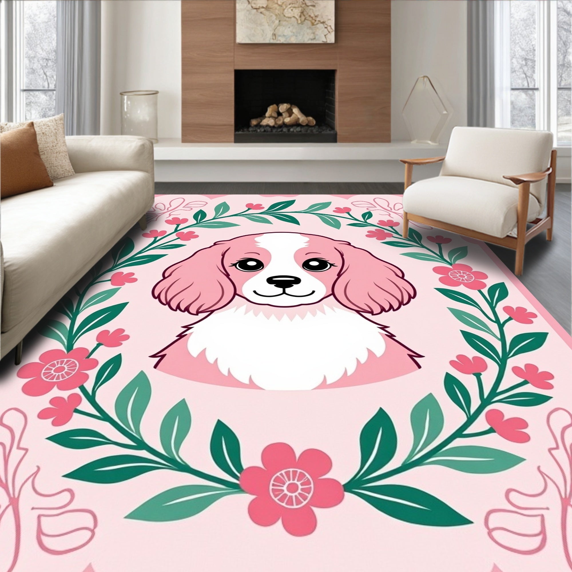 Pink Cavalier Puppy Floral Wreath Rug