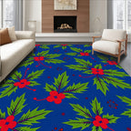 Vibrant Blue Red Holly Leaves Rug