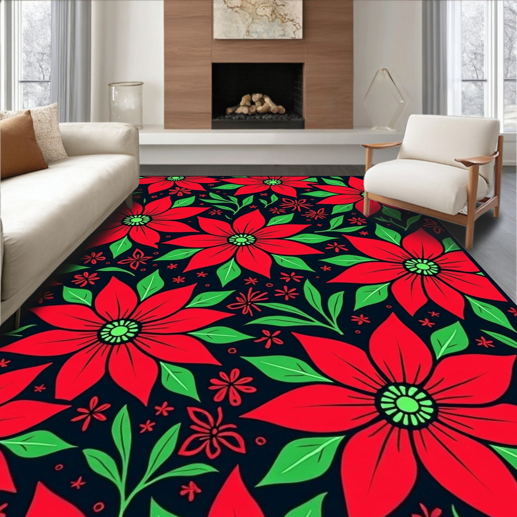 Bold Red Floral Blooms on Dark Rug