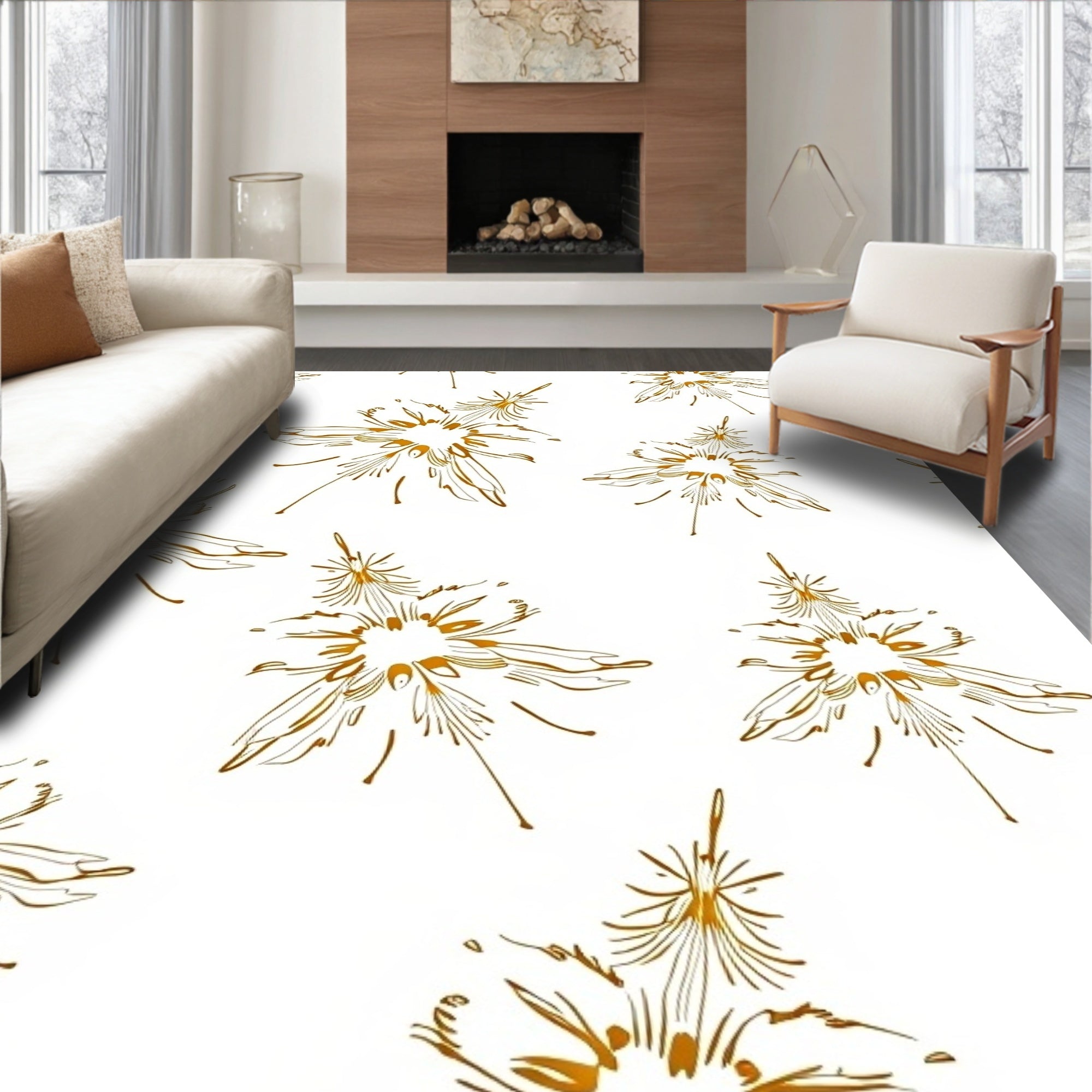 Golden Floral Burst Abstract Art Rug