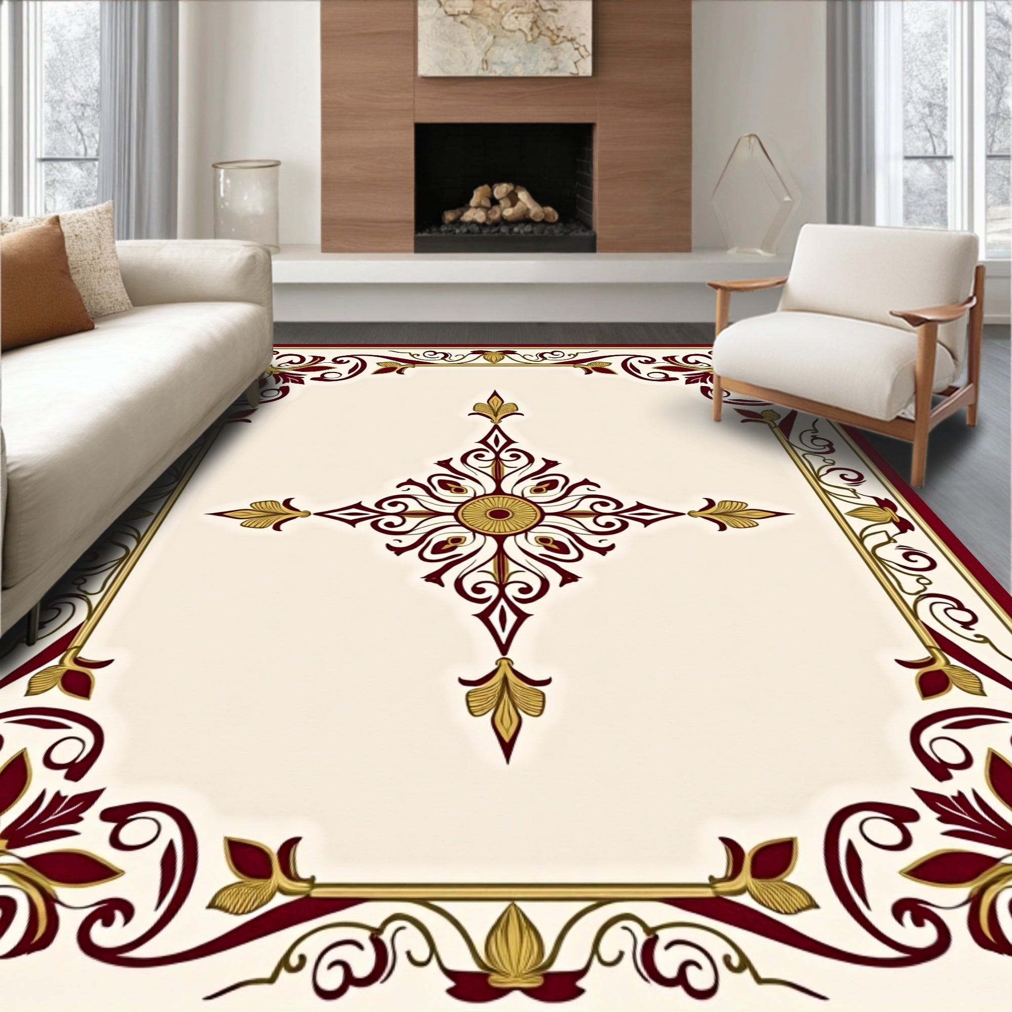 Deep Red Golden Damask Ornament Rug